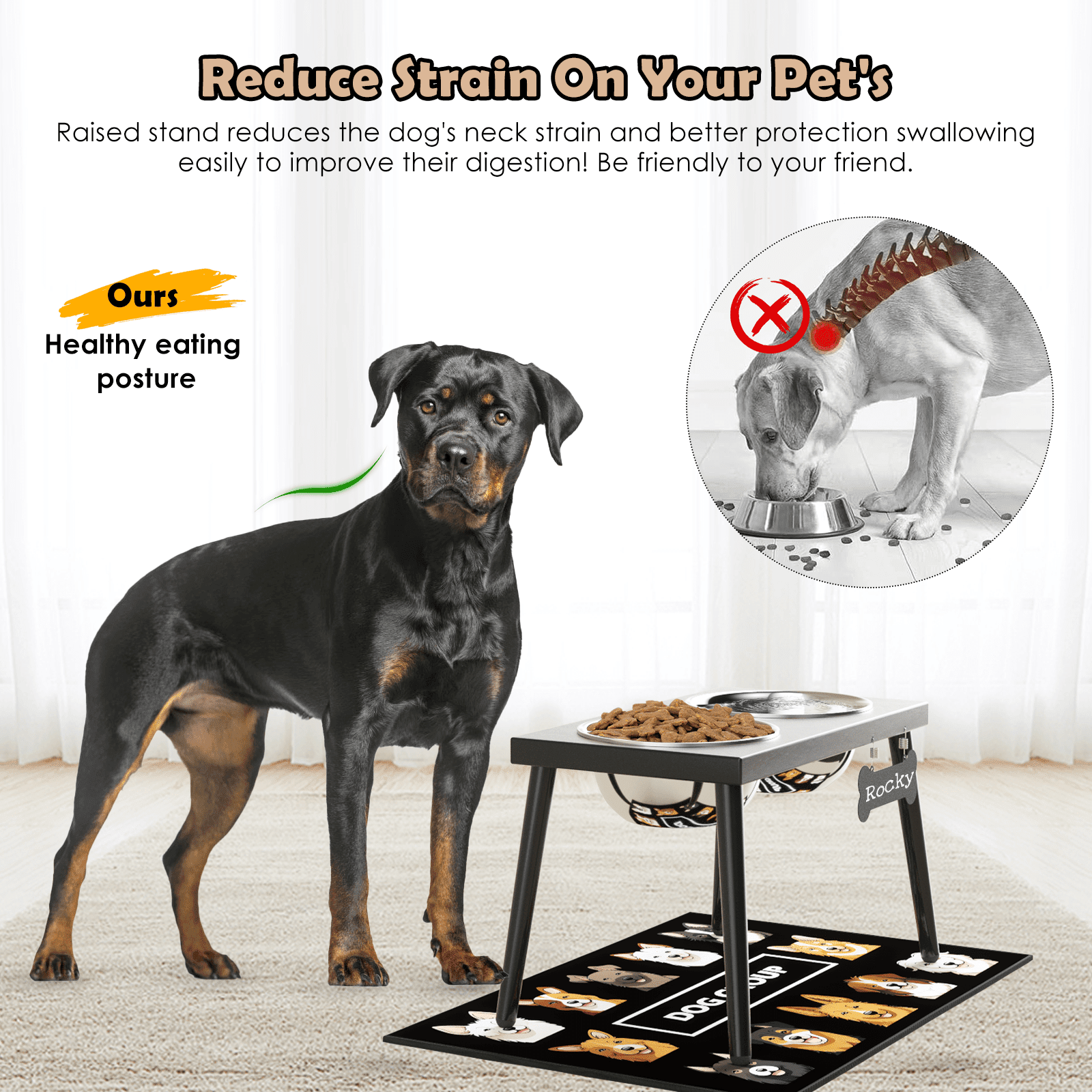 SHAINFUN Metal Raised Dog Bowl Stand for Breed, 10" Tall Dog Feeder with Sprill Proof Mat (58OZ-Stainless Steel Dog Bowls, Mat-16x24)