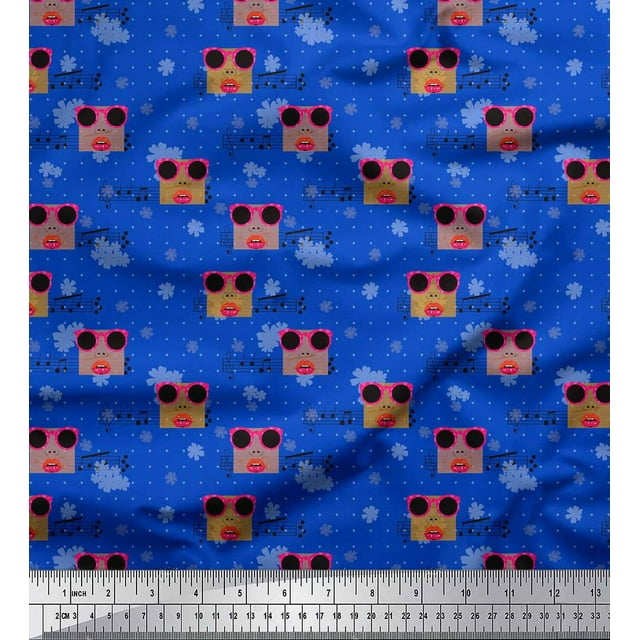 Soimoi Blue Moss Georgette Fabric Musical Notes,Dot & Goggles Fashion Printed Fabric 1 Yard 42 Inch Wide