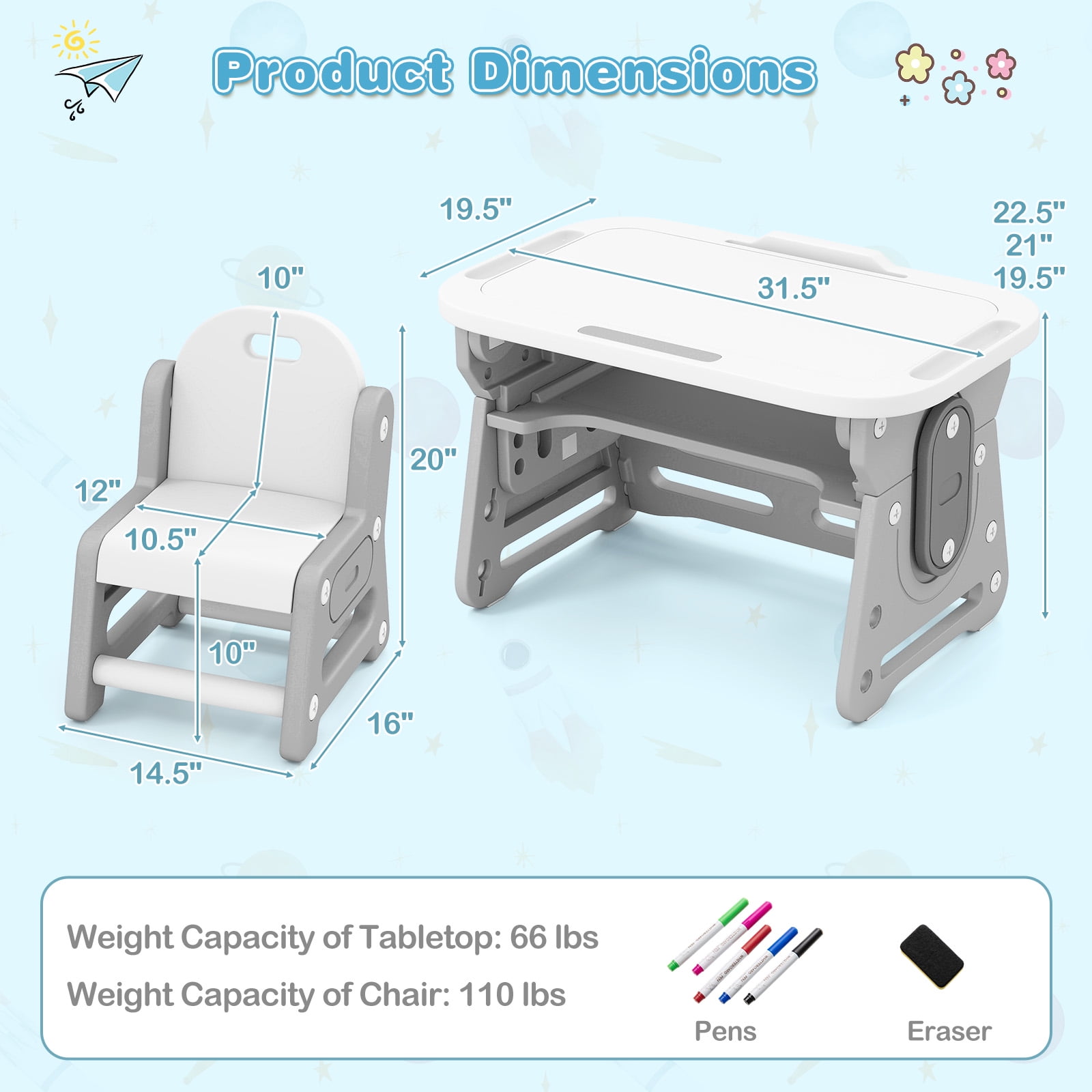 Gymax Kids Table & Chair Set Height Adjustable Toddler Drawing Table w/ Book Stand