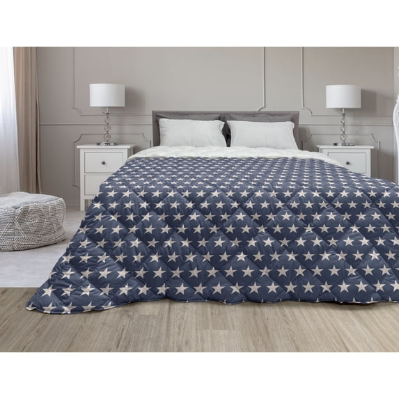 Star Down Alternative Comforter, Patriotic Themed Pattern American Flag Inspired Grunge Nostalgic Illustration, Microfiber Quilt for All Season, 5 Sizes, Navy Blue Beige Red, by Ambesonne