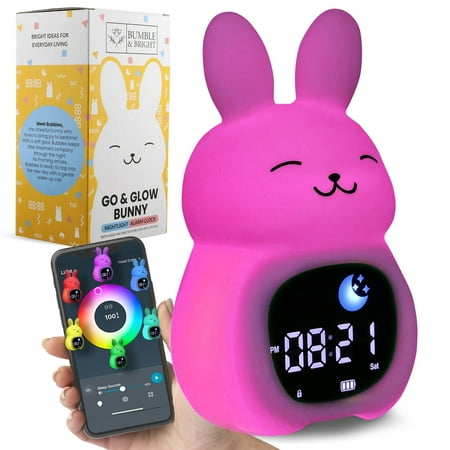 Bumble & Bright Kids Alarm Clock – App-Controlled Sleep Trainer with 8 Night-Light Colors, 6 Soothing Sounds & Backup Battery – USB-C Corded Bunny Clock for Boys & Girls
