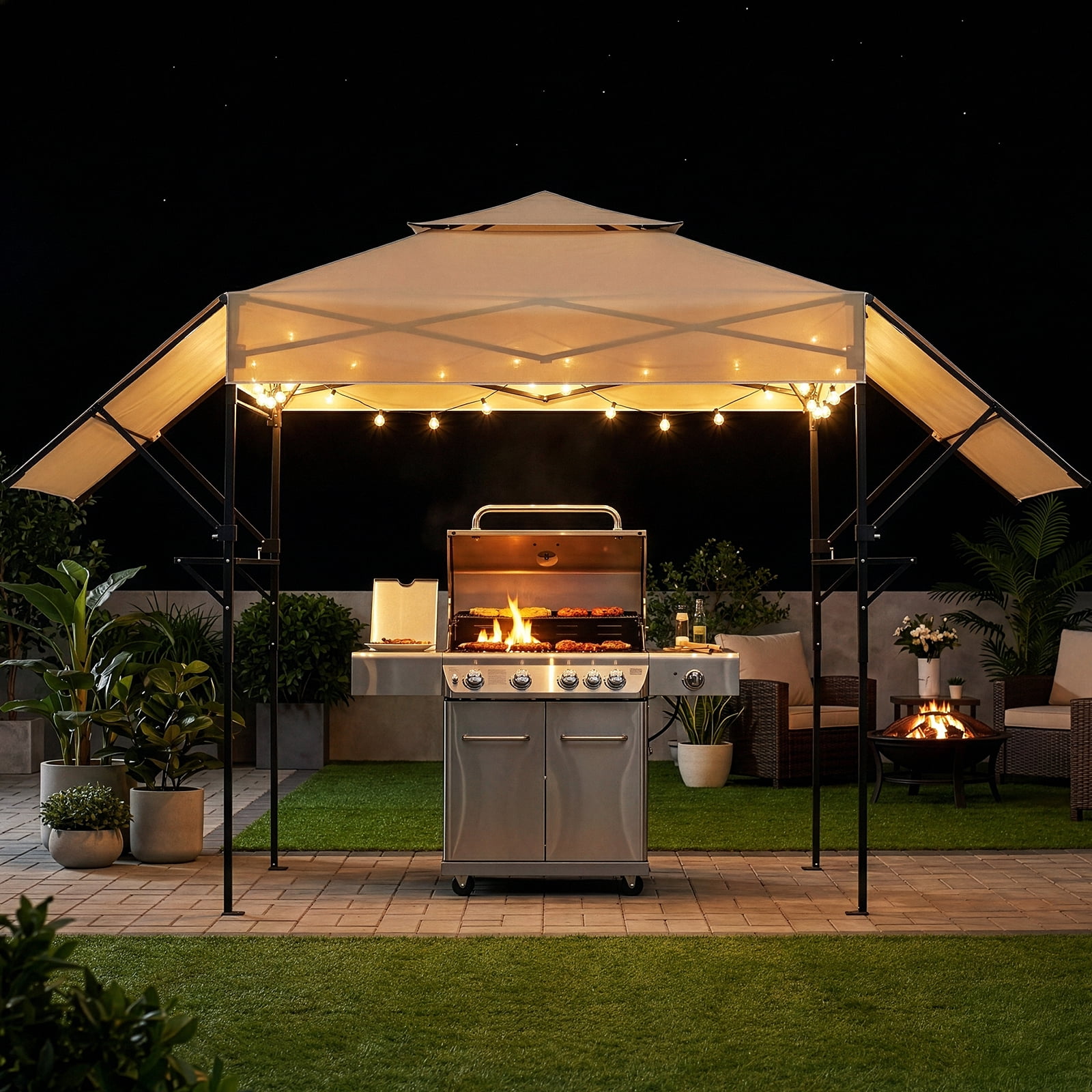 UBesGoo 12.5x3.3ft Grill Gazebo, Outdoor BBQ Gazebo with Storage Shelf,Double Tiered & Extra Adjustable Shadow,Khaki