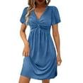 thumbnail image 2 of Homenesgenics Summer Dresses 2025 Women's Solid Short Sleeve V Neck Ruffle Dresses Sexy Elegant Club Party Tunic Mini Dresses Casual Vacation Dress Blue L, 2 of 9