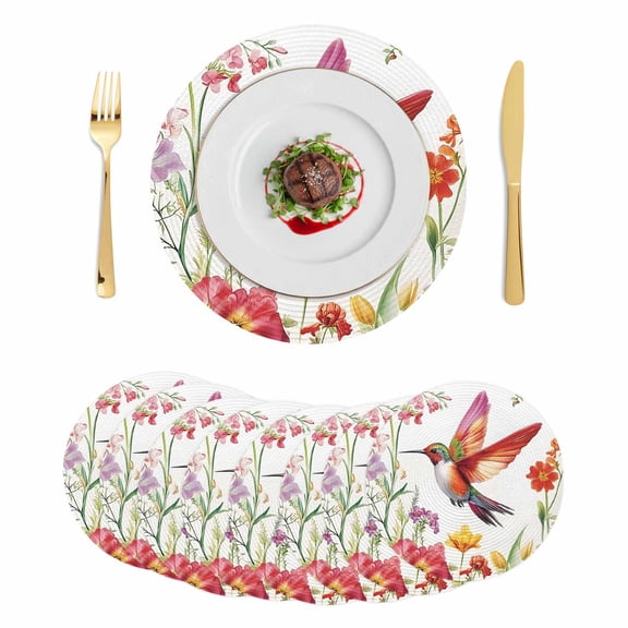 Spring Floral Round 15 Inch Placemats Set of 8, Summer Botanical Birds Flowers Pastoral HeatResistant Non Slip Place Mats for Dining Table, Wipeable Braided Kitchen Table Mats for Housewarming
