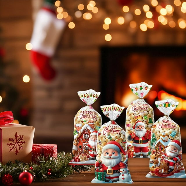 50 Bolsas de Regalo Navideñas Pintadas, para Fiestas, Dulces, de Plástico