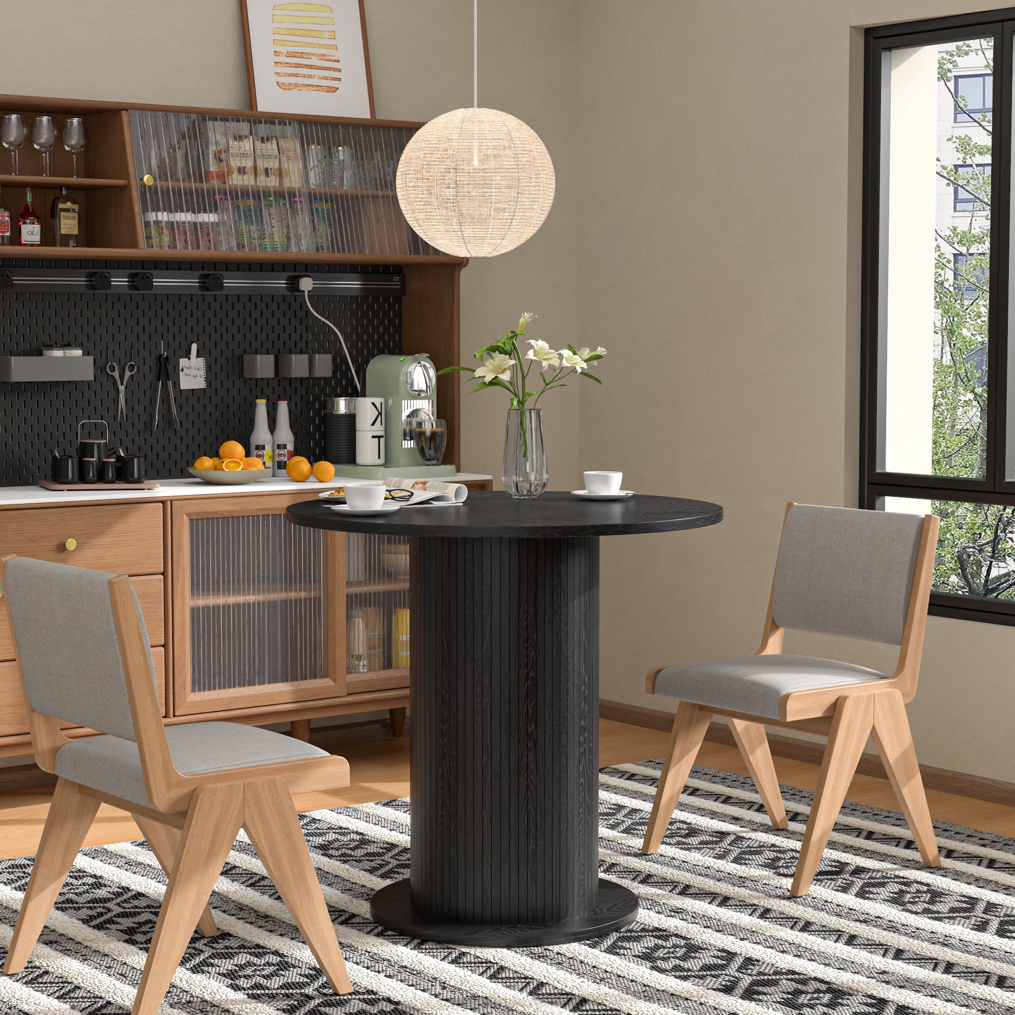 Modern Farmhouse Round Dining Table, Wood Kitchen Table for 2, Small Circle Dining Tables, Black