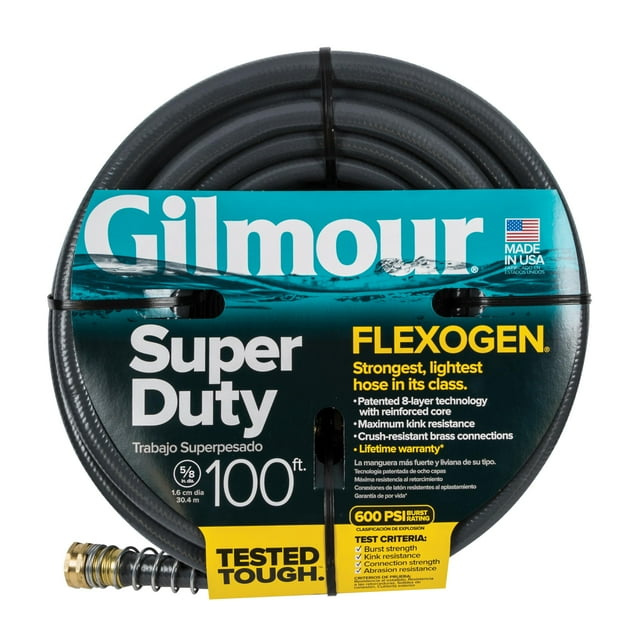 Manguera de jardín Gilmour Flexogen de 5/8 pulgadas x 100 pies, resistente, negra