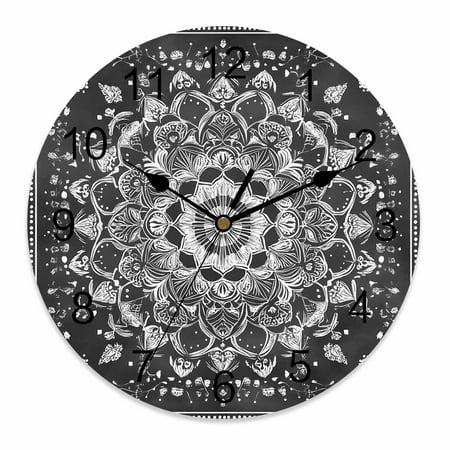 Wall Clock 10 Inch Boho Retro Round Silent Decorative Wall Clocks Battery Operated for Living Room Bedroom Kitchen Classroom Decor, Ethnic Tribal Floral Pattern Onyx Gray White,Small