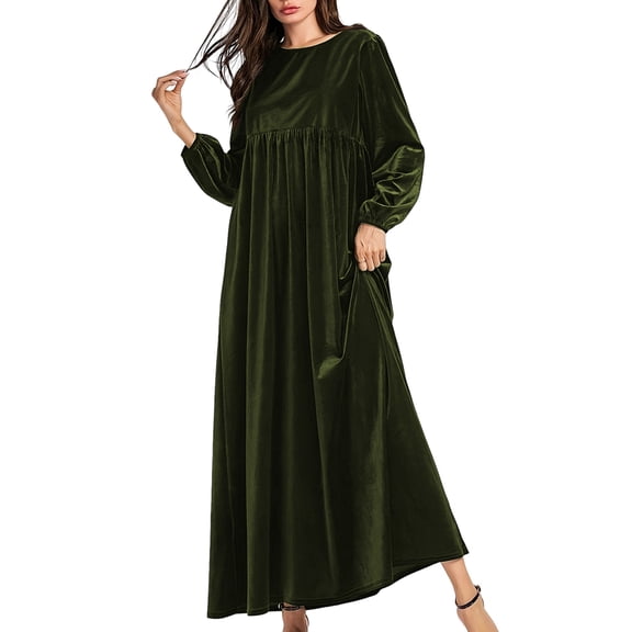 Women'S Velvet Maxi Dress Casual Solid Color High Waist Long Sleeve Fall Winter Flowy Gown Green S