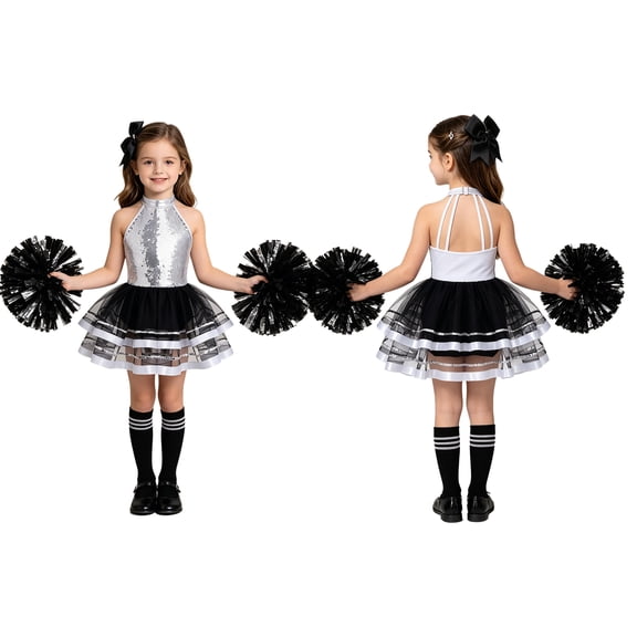 iiniim Girls 5pcs Cheerleading Tutu Dress Outfits Tulle Set School Cheer Leader Musical Dancewear Silver Black 14