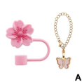 thumbnail image 1 of Juego de 2 tapas de pajita de silicona con forma de flor de 10 mm y cadena con dije de mariposa de diamante para accesorios de la Copa Stanley, 1 of 6