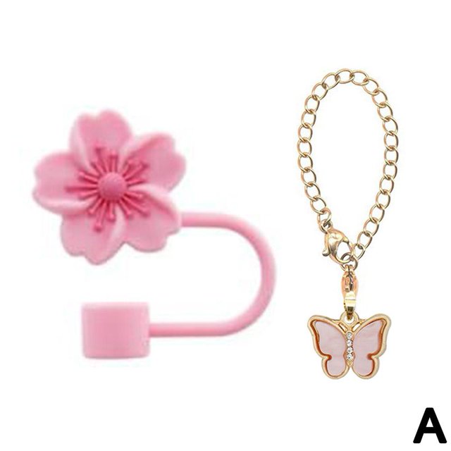 Juego de 2 tapas de pajita de silicona con forma de flor de 10 mm y cadena con dije de mariposa de diamante para accesorios de la Copa Stanley