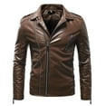 thumbnail image 2 of HOOMEUMY Mens Classic Leather Jacket Casual Workout Long Sleeve Clothes Fashion 2025 Trendy Classic Solid Coat Turndown Collar Jacket Slim Fit Design Brown L, 2 of 4