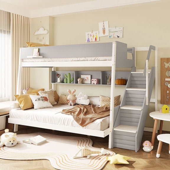 ChenyueFurn Full XL Over Queen Wood Bunk Bed with Stairs,Gray
