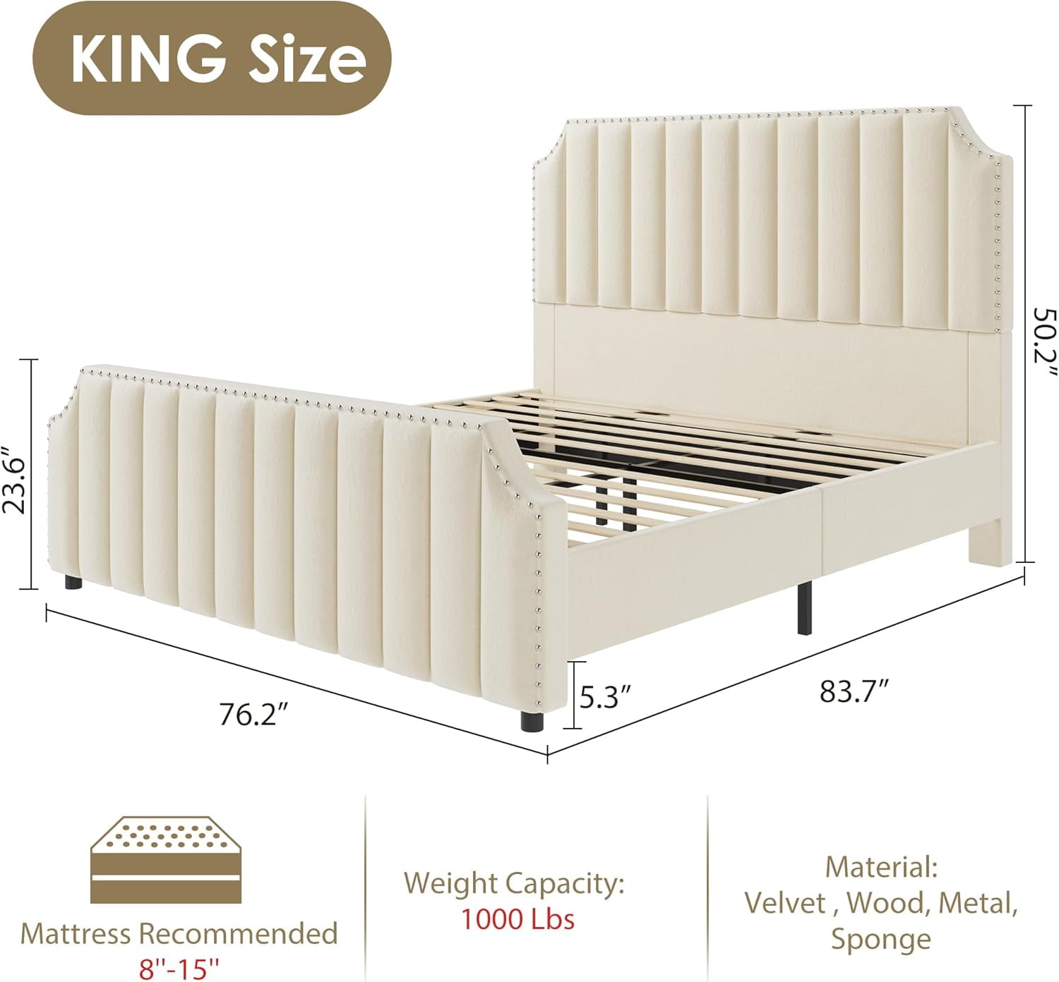 King Size Platform Bed Frame with 50.2" Headboard, Velvet Upholstered Bed Frame King with Vertical Channel Tufted Headboard & Footboard, Nailhead Trim, No Box Spring Needed, Cream