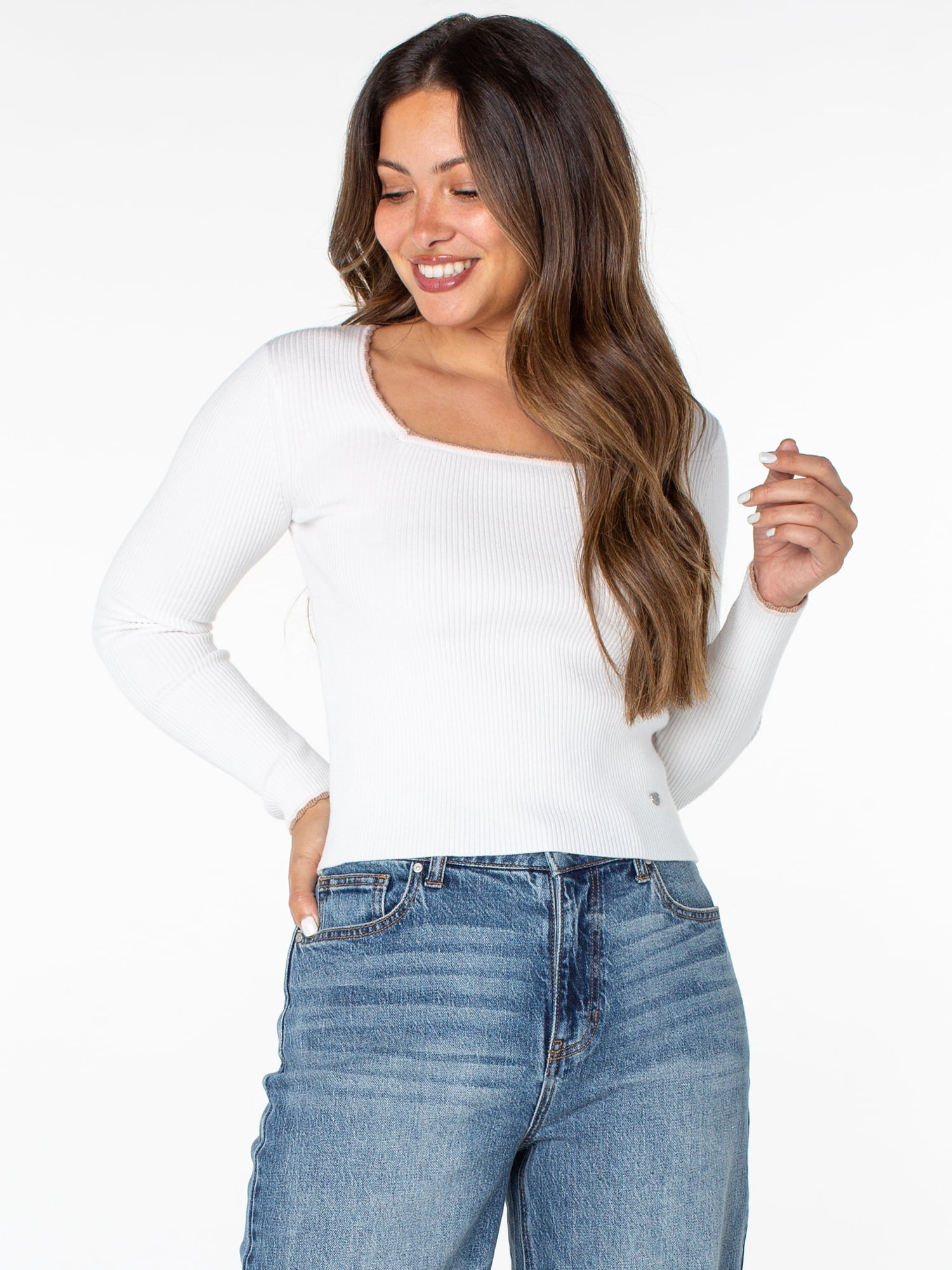 Celebrity Pink Women's Long Sleeve Square Neck Rib Top, Size XS-XXXL