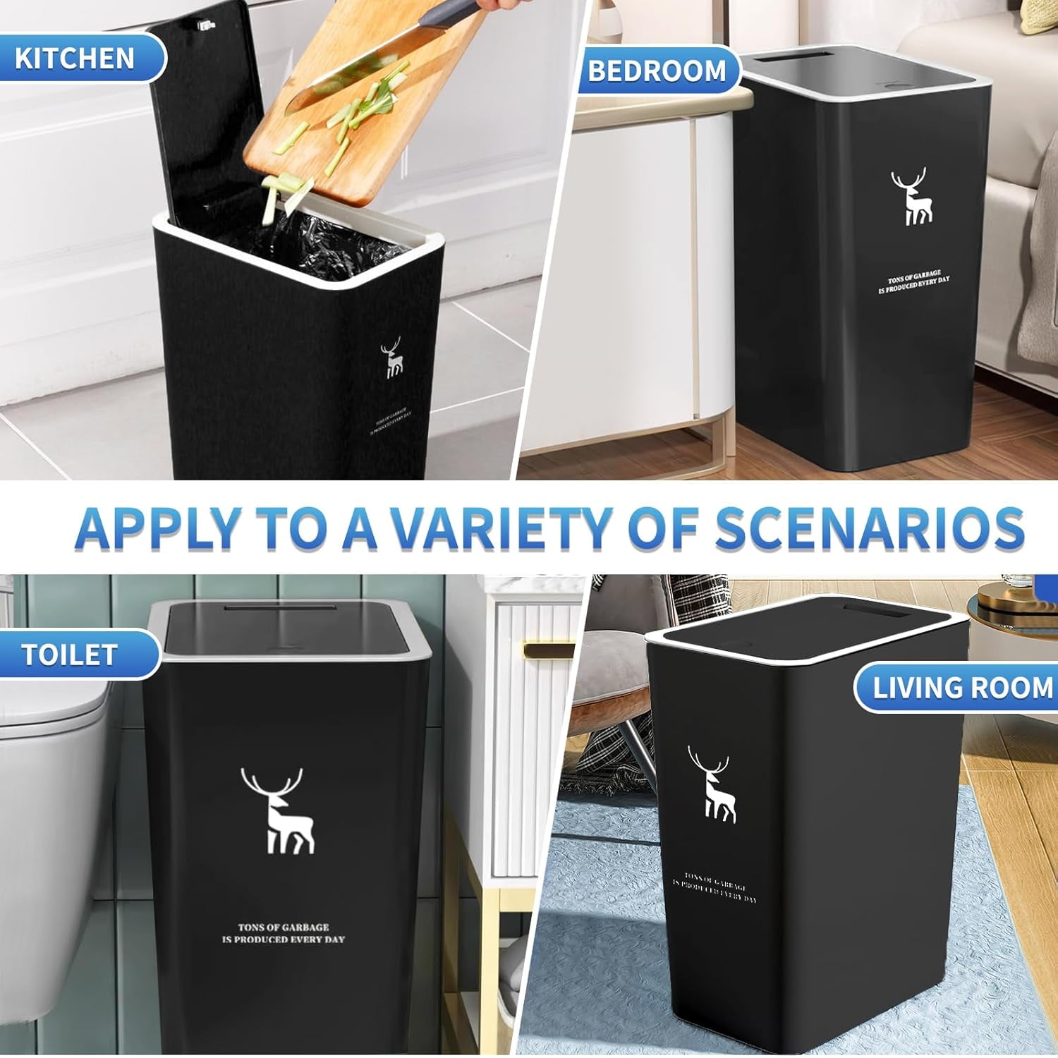 TEXIJUSO Trash Can with Lid, 2 Pack 4 Gallons/15 L Garbage Can with Press Top, Small Trash Can Dog Proof, Plastic Trash Bin, Waste Basket for Bathroom Kitchen Bedroom Office Living Room Study (Black)