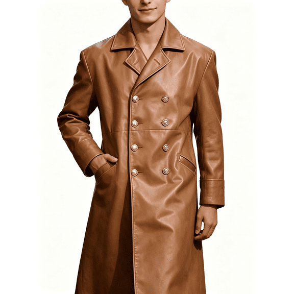 Busydd Men's Leather Jacket Fashion Double Breasted Buttons Long Sleeve Trench Coat Casual Solid Color Long Jackets 2XL