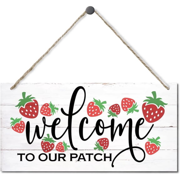 6x12 Inch Strawberry Welcome Sign Decor,Welcome To Our Patch,Hanging Wood Sign Home Decor,Printed Wood Wall Art Sign,Welcome Door Hanger,Strawberry Home Decor,Front Door Decor For Farmhouse Porch