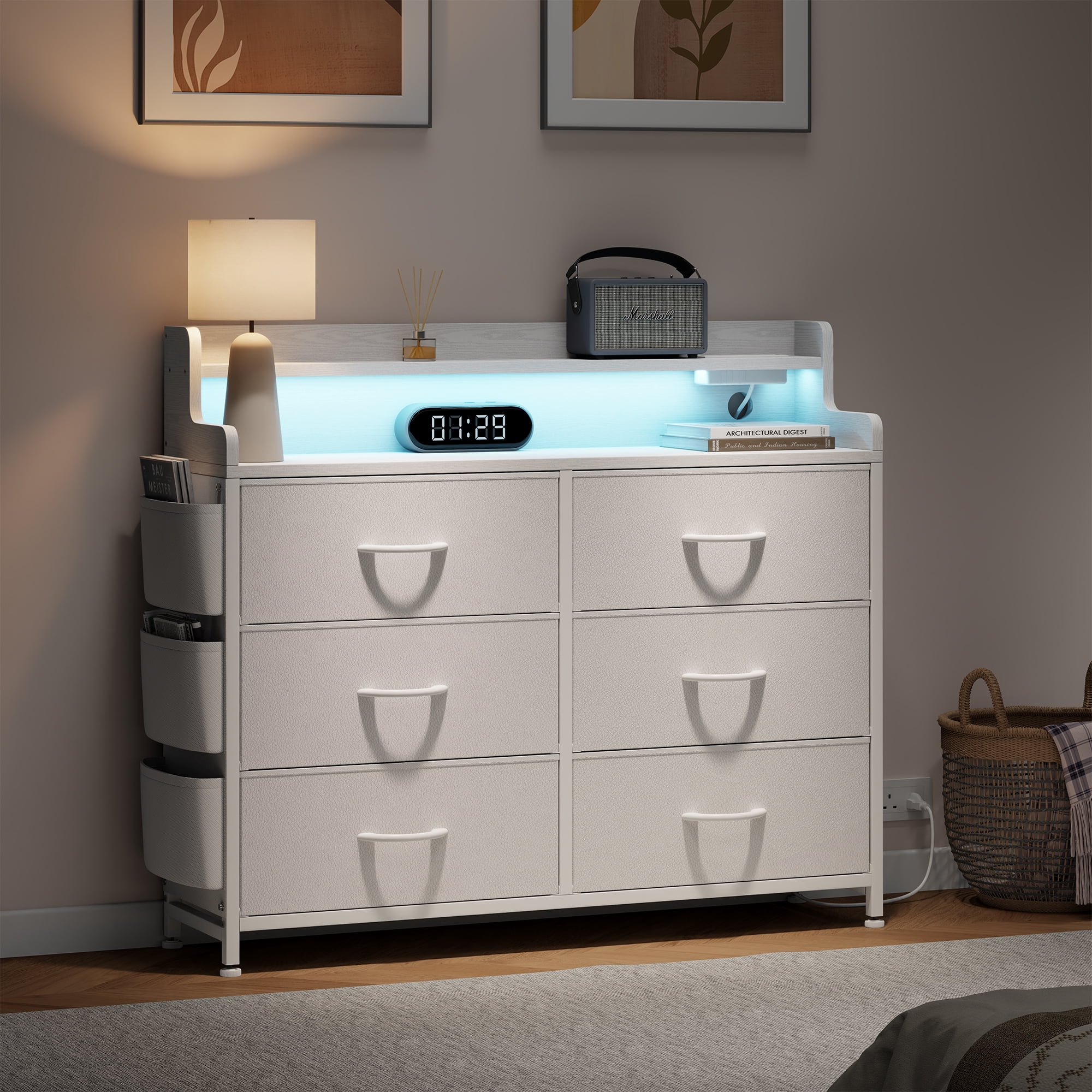 LainTene Dresser for Bedroom, 6 Drawer Dresser with LED Lights and Charging Station, Wide Chest of 6 Drawers with Open Space, Modern Large Capacity Storage Cabinet, Living Room, Hallway