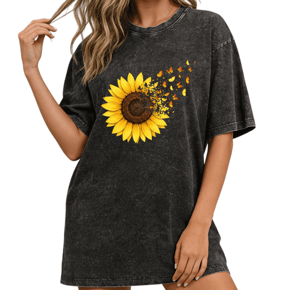 Women Casual Sunflower Butterfly Dissolve Graphic Tees T Shirt Tops Round Neck Printed Cotton Washed T Shirt Black S-2XL Plus Size