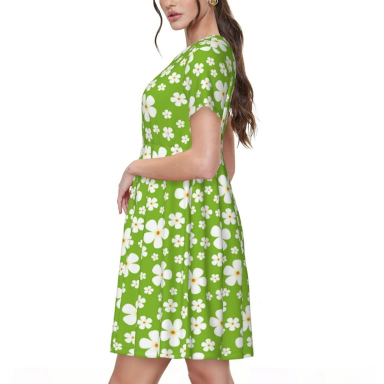 Naloa Green White Flowers Print Womens Summer A-Line Dress with  Pockets,Short Sleeve Dresses,Flowy Beach Swing Dress for Vacation Travel