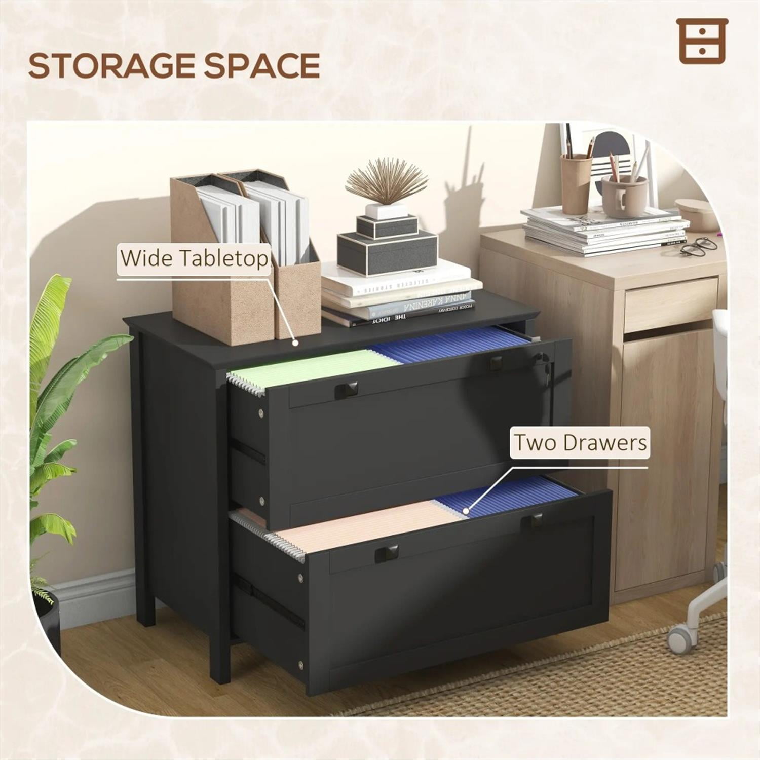 Demi Bonn Modern 2-Drawer Filing Cabinet with Adjustable Hanging Bar, for Letter, A4 and Legal Size, Home Office, Lateral File Cabinet, Black