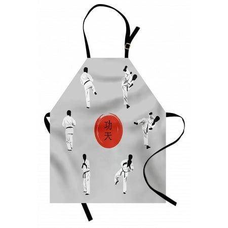 

Kung Fu Apron Men in Karate Clothes Showing Moves with Hieroglyph Center Unisex Kitchen Bib with Adjustable Neck for Cooking Gardening Adult Size Pale Grey Vermilion by Ambesonne