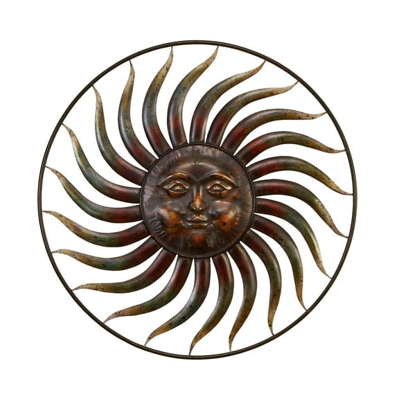 DecMode Copper Metal Indoor Outdoor Weathered Sun Wall Decor with Green Accents