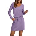 thumbnail image 2 of Taylonsss Womens Casual Dress Long Sleeve V Neck Solid Color Drawstring Waist Midi Dress with Pockets Relaxed Fit, 2 of 4