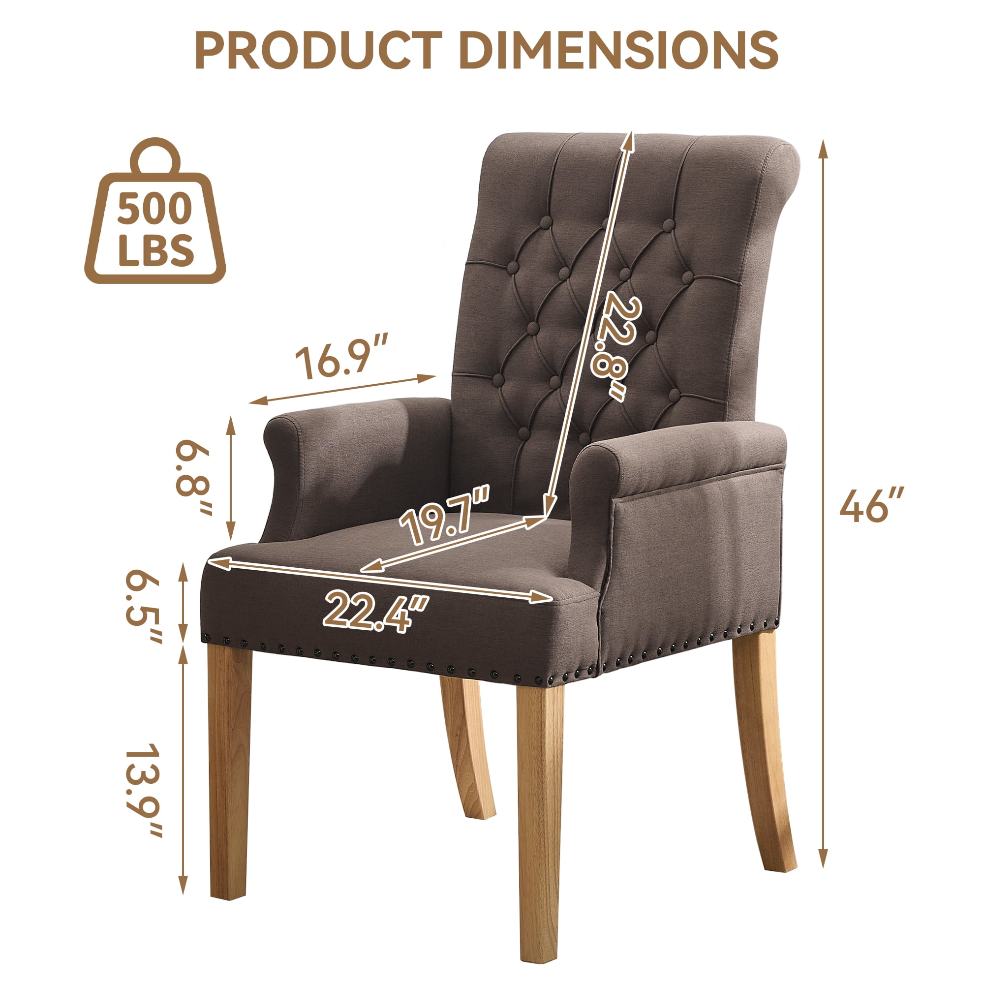 Fabric Upholstered Dining Chair with Arms, Tufted High Back Accent Coffee Armchair for Kitchen Dining Room Living Room, Brown