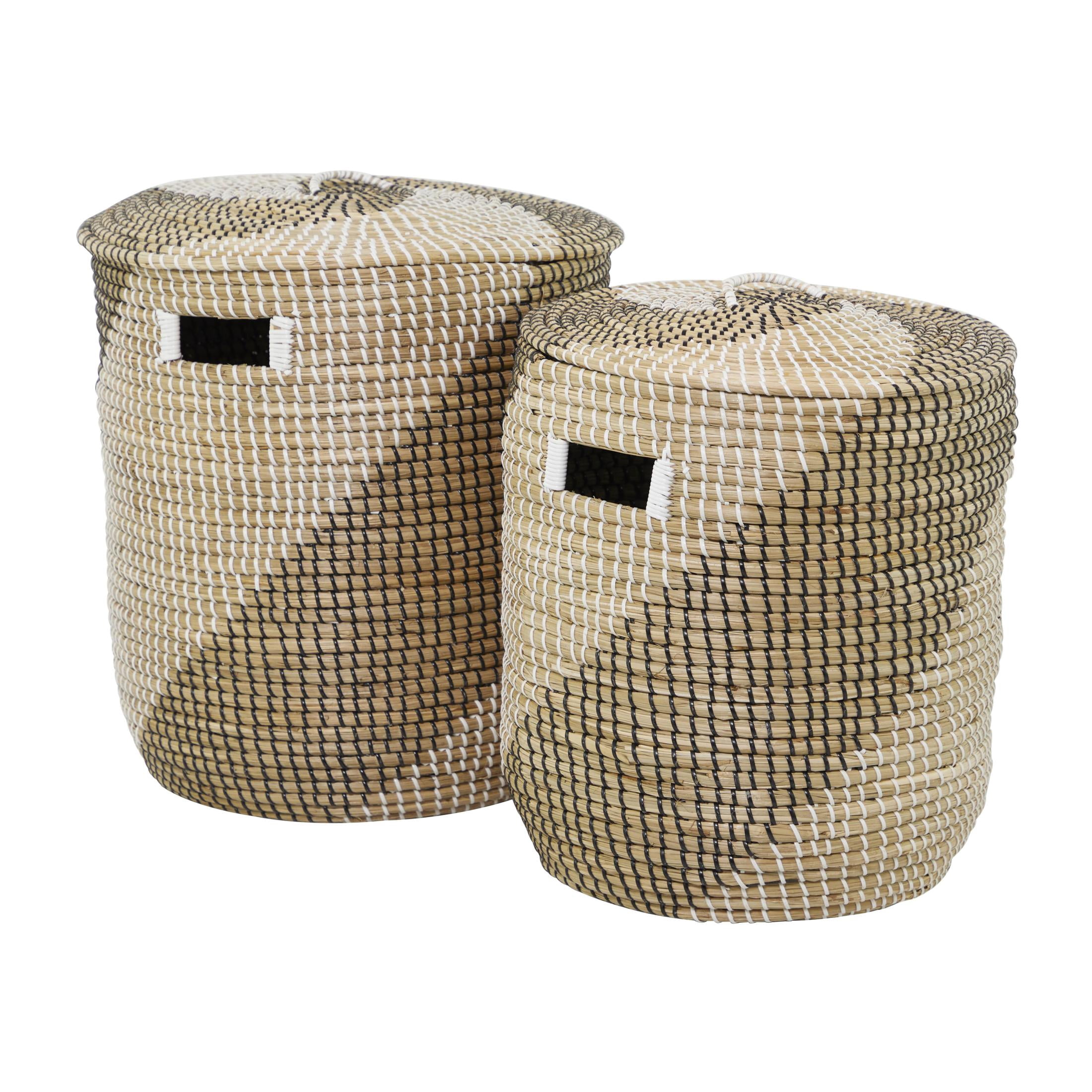 DecMode 19", 17"H Brown Seagrass Handmade Two Toned Storage Basket with Matching Lids, 2-Pieces
