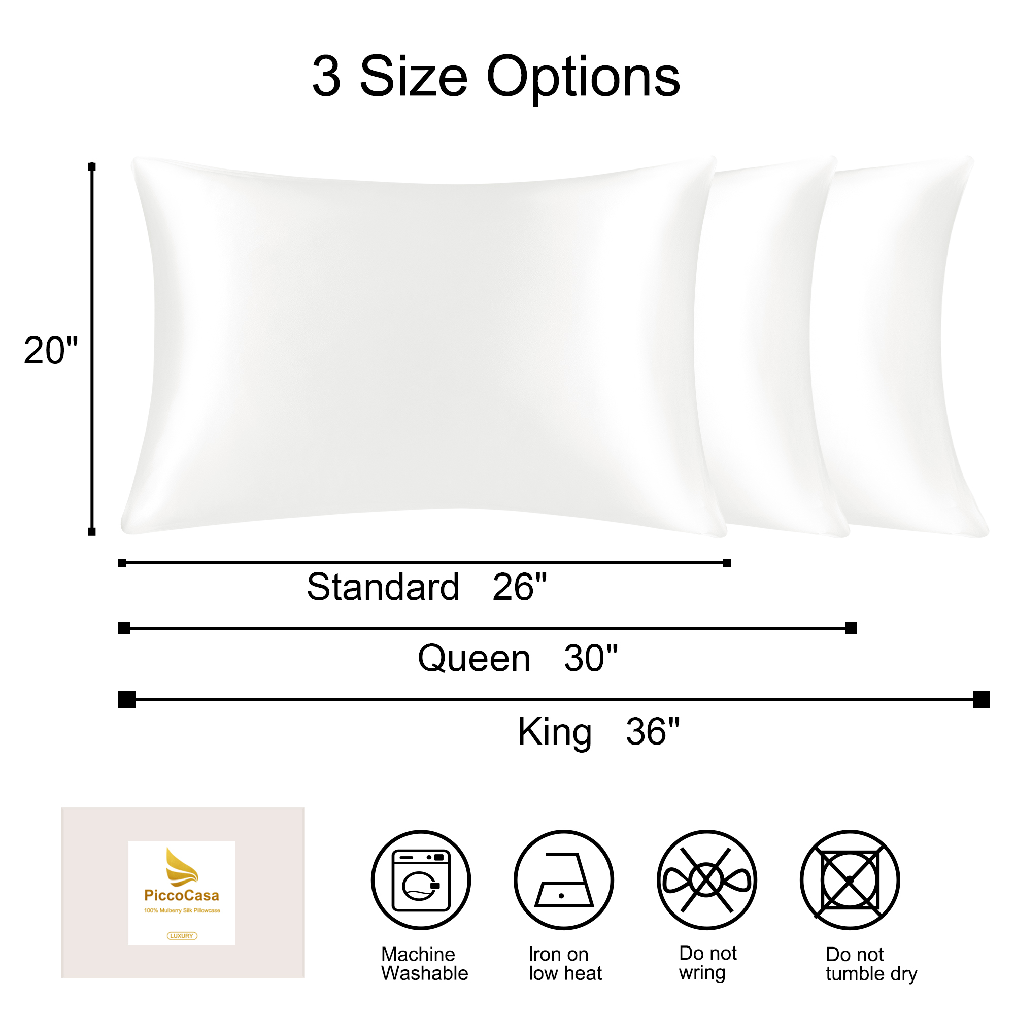 PiccoCasa 1Pc 19 Momme Silk Pillowcase with Hidden Zipper Pearl White King(20"x36") - image 5 of 6