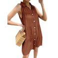 thumbnail image 4 of QAFOPEH Women Solid Color Sleeveless Lapel Collar Buttons Tiered Shirt Dress, 4 of 5