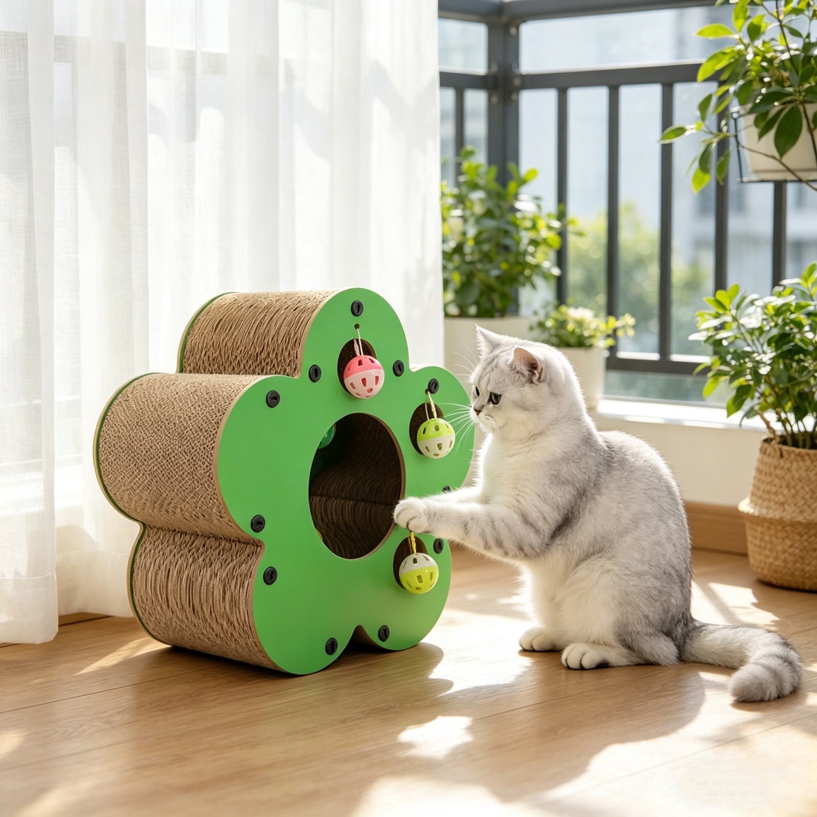 Ikohbadg Corrugated Cardboard Cats Scratcher, Interactive Climbing Toy for Indoor Cats with Bells, Durable Scratch Pad and Playground for Multiple Cats, Engaging Entertainment for Feline Fun