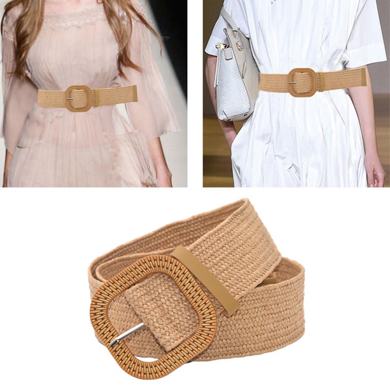 Ladies Wide Straw Woven Waist Belt Elastic Square Buckle  display picture 3