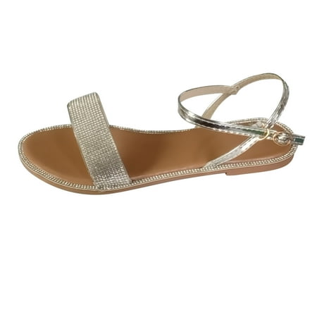 

Mackneog Women s Summer Flat Round Toe Sandals Outdoor Casual Crystal Buckle Strap Shoes Gift on Clearance