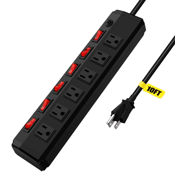 VILONG 10ft Power Strip with Individual Switches,1200J Surge Protector,Heavy Duty Extension Cord Plugs–Overload Protection for Indoor Home,Office&Workshop Use,Black