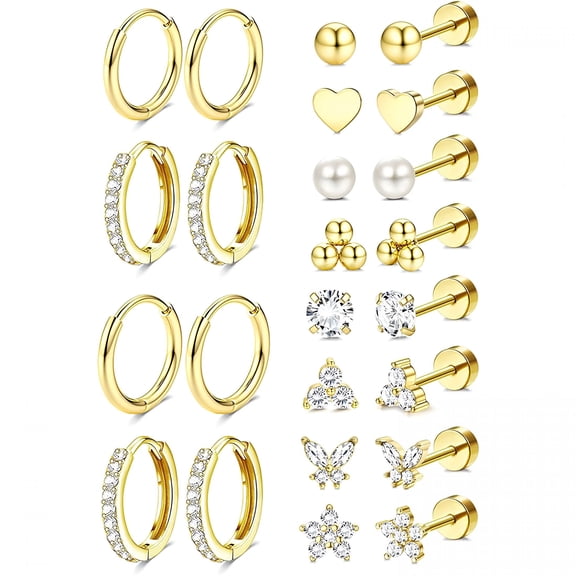 DESIGNICE Hypoallergenic 14K Gold Plated Stud Hoop Earrings for Women Men Surgical Stainless Steel Flat Back Earrings Small Huggie Hoops Cartilage Earring Set for Multiple Piercing Jewelry Gift