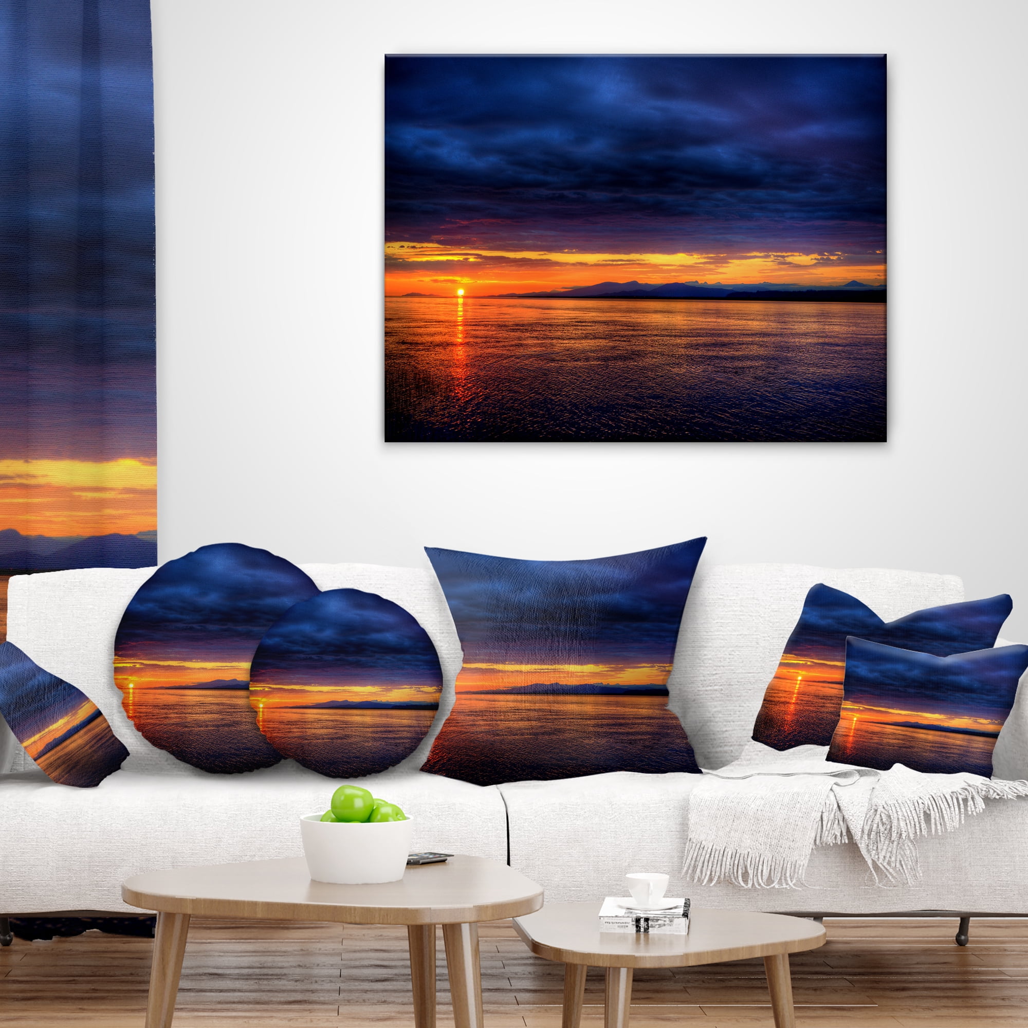 Designart Blue Cloudy Sky and Setting Sun - Seashore Photo Throw Pillow - 16x16