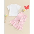 thumbnail image 5 of Elippeo Little Girl Summer Set 6 12 18 24 Months 3 4 Years Letter Floral Print Short Sleeve Tops with Checkerboard Bell-Bottom Pants 2 Pcs Outfit, 5 of 9