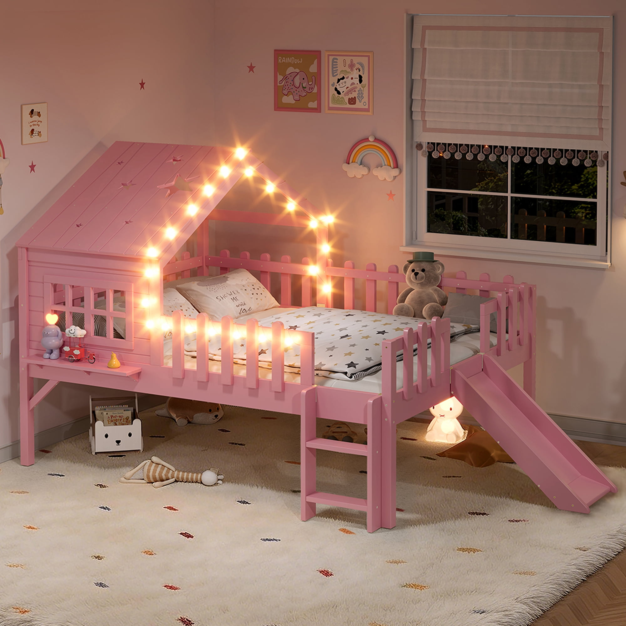 Mintazer Full Size Kids House Loft Bed with Slide & LED Lights, Modern Playhouse Bed with Star Shaped Designs & Ladder, No Box Spring Needed, Pink