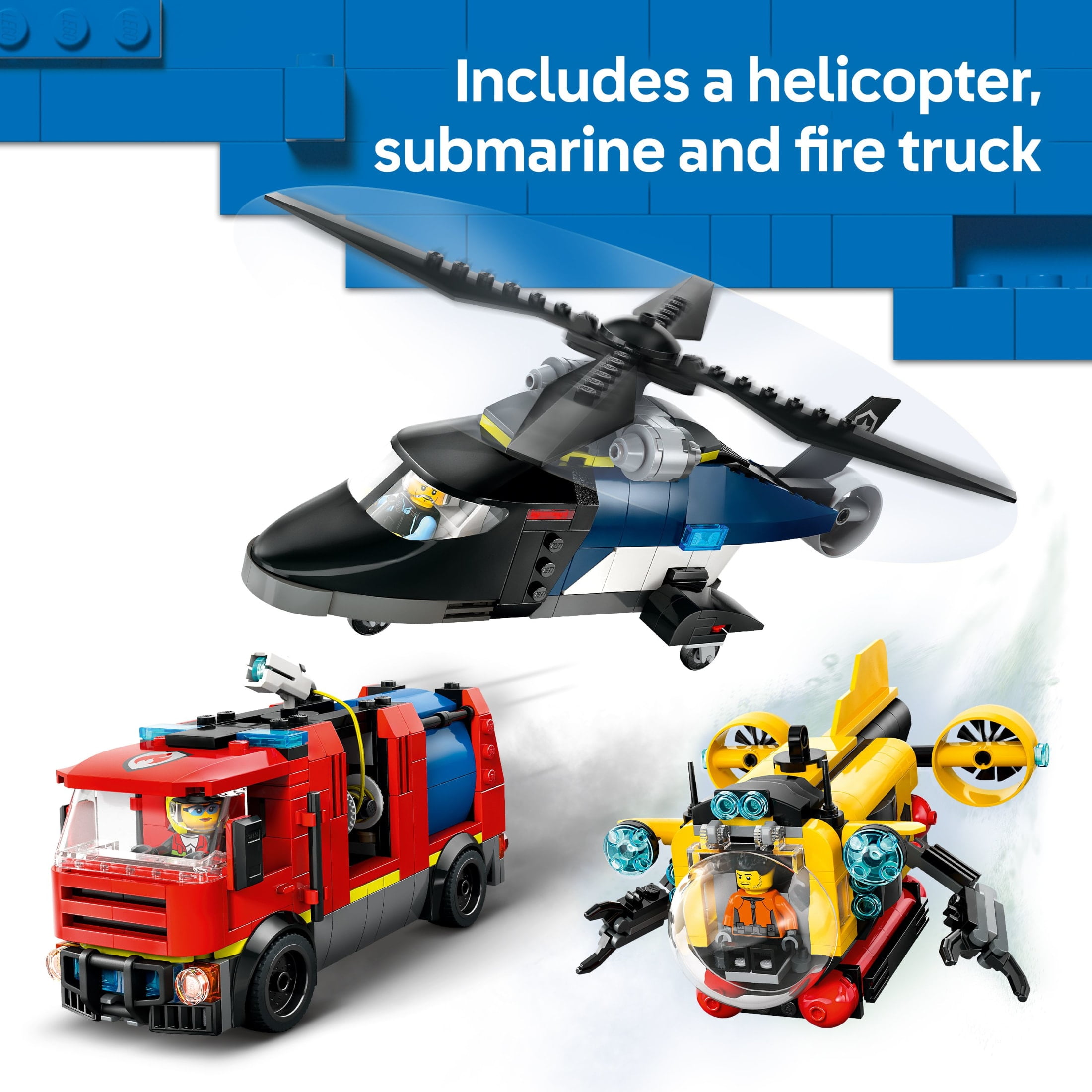 LEGO City Helicopter, Fire Truck & Submarine Remix Kids Toy - 3 Building Toys in 1 for Boys and Girls, Ages 7+ - Gift Idea for Birthdays and Holidays - with 3 Minifigures - 60462