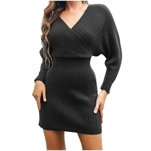 Women's Wrap V Neck Knit Ribbed Sweater Dress Batwing Long Sleeve Bodycon Mini Pullover Dress Plain Short Comfy Dress