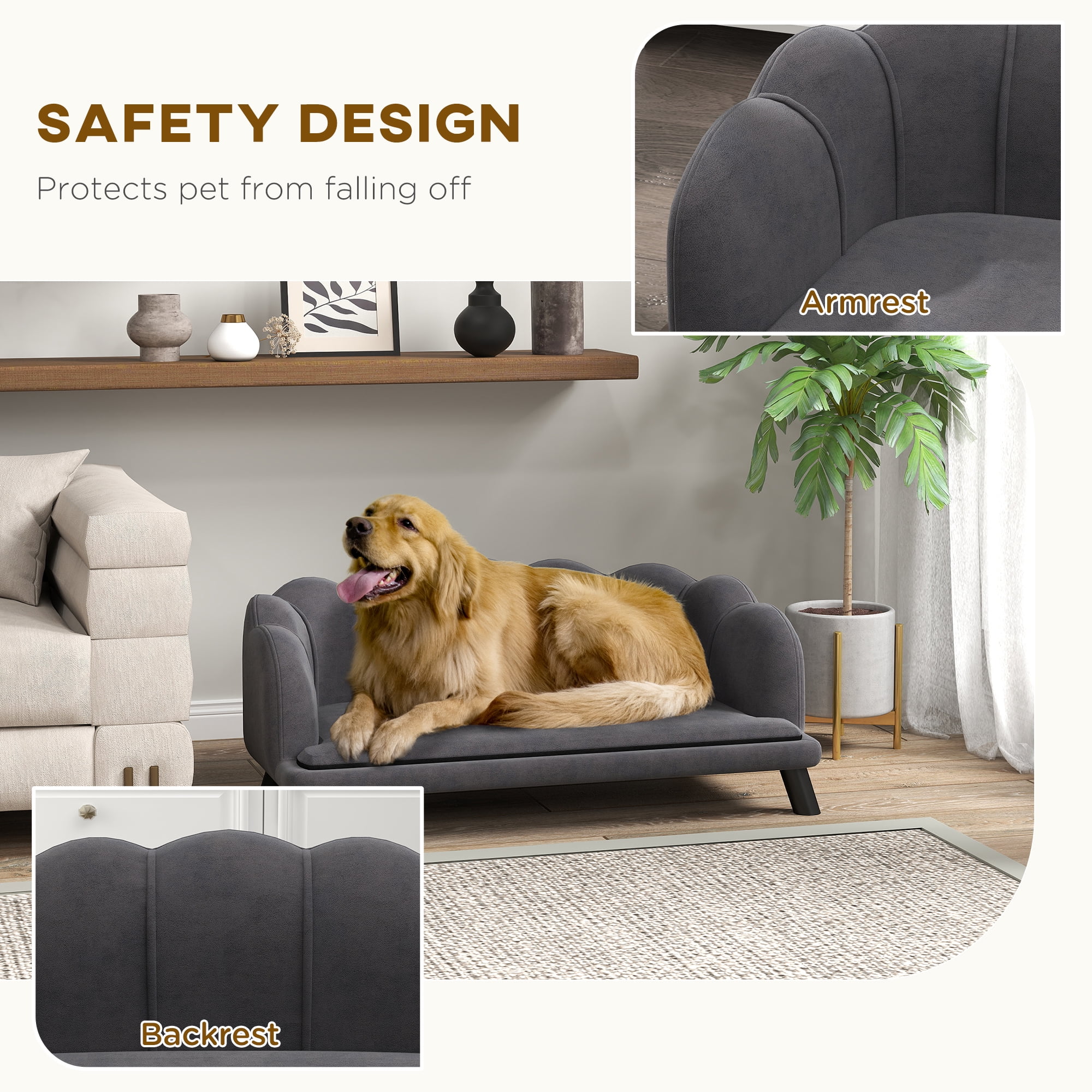 Noaman PawHut Velvet Large Dog Couch with Foam Cushioning, 38.8" L x 23.8" W Soft Pearl Design Dog Bed for Big & Medium Dogs, Charcoal Gray