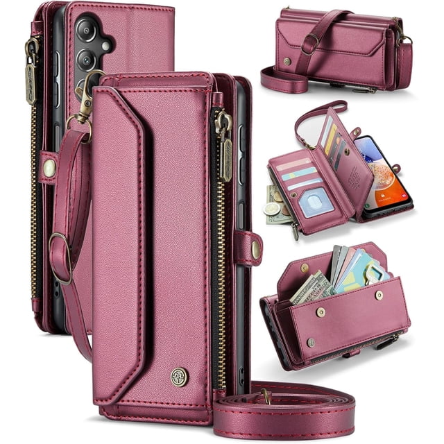for Samsung Galaxy A14 Wallet Case with RFID Protection, Card Slots, Kickstand, Detachable Strap – Shockproof PU Leather Flip Crossbody Phone Cover Galaxy A14