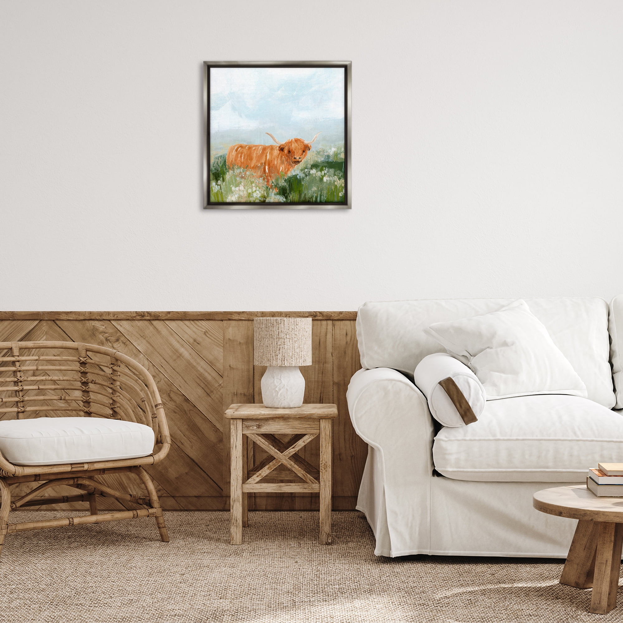 Stupell Industries Longhorn Cattle Country Field Animals & Insects Painting Gray Floater Framed Canvas Art Print Wall Art, 25 x 25