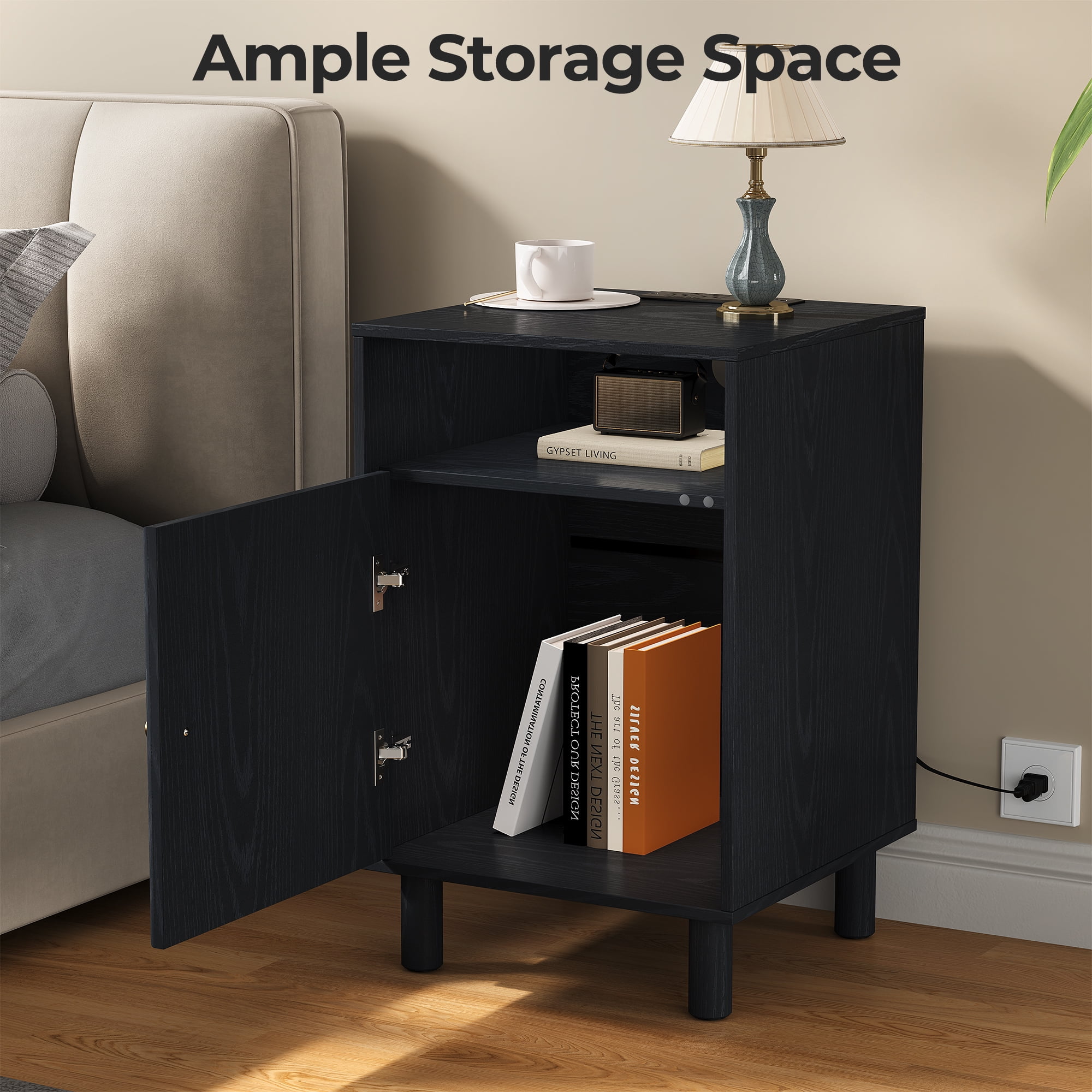 May in Color Nightstand for Bedroom, Black Side Table with Charging Station, Accent Bedside Table with Solid Wood Legs for Living Room