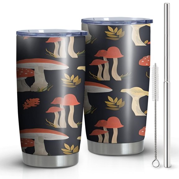 Travel Coffee Mug with Lid and Straw Botanical Mushroom Boho Mushroom Vacuum Insulated Cup Spill-Proof Stainless Steel Tumbler for Travel Commuting Gaming Sessions Birthday Christmas Gifts