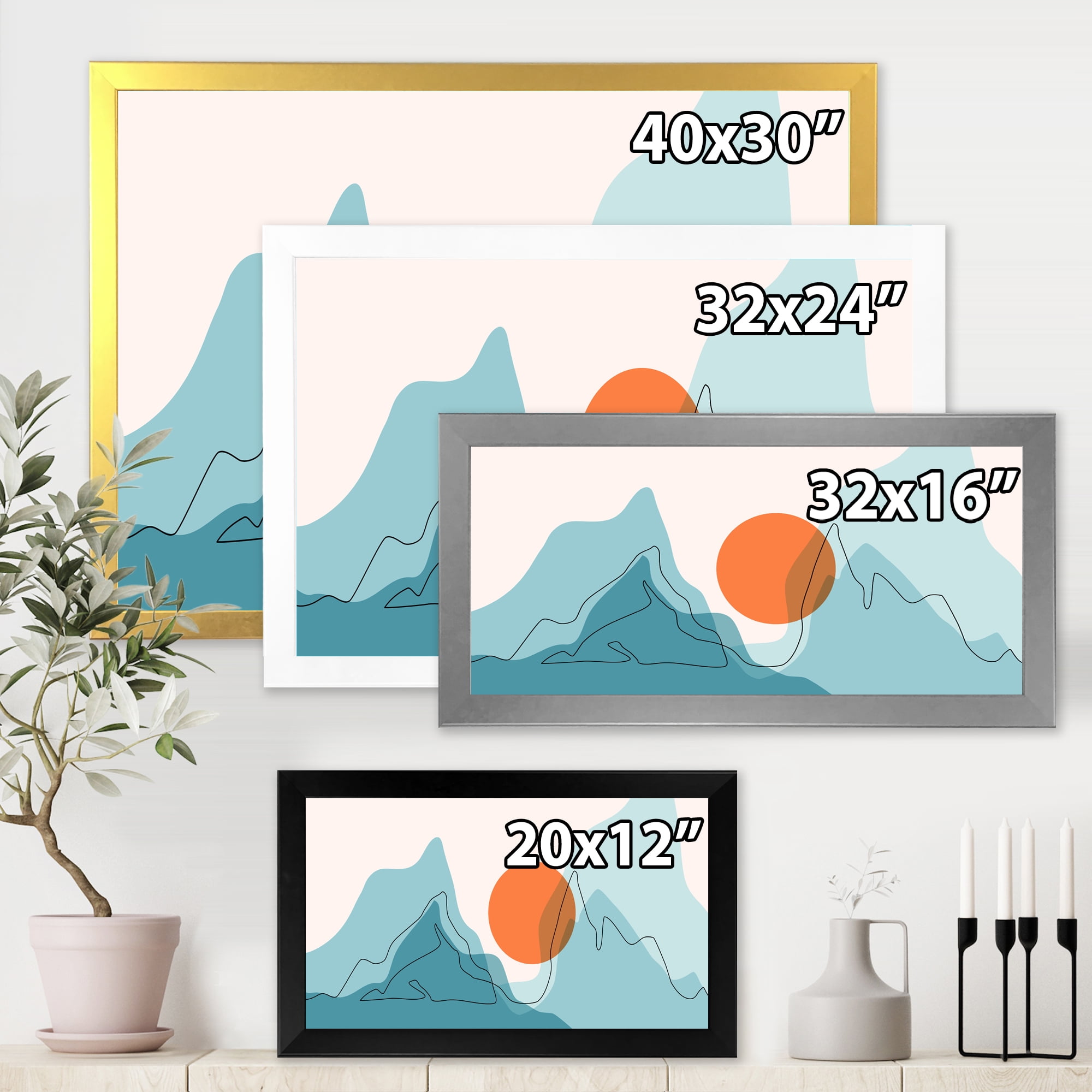Designart 'Abstract Blue Mountains With Red Moon I' Modern Framed Art Print